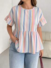 Shapeblank Women's Casual Colorblock Striped Print Plus Size Round Neck Ruffle Short Sleeve Blouse, Summer - White - View 5