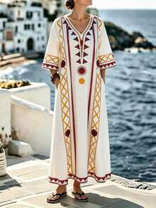 Selamara Women's Geometric Pattern V-Neck 3/4 Sleeve Loose Casual Long Dress - Multicolor - View 3