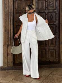 Livesso Tall Women's Short Sleeve Open Front Denim Vest And Loose Straight Leg Pants Casual White Denim Two Pieces Set - White - View 4
