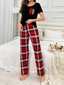 SHEIN 女士格子睡衣套裝 - 黑色 - 查看 5