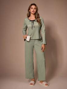 SHEIN Women's Casual Knitted Jacquard Tie Bow Loungewear Pajama Set - Green - View 2