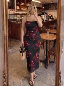 SHEIN MOD Plus Size Elegant Black Burgundy Large Floral Mesh Cami Maxi Dress, Vintage Bodycon Birthday Party Wedding Vacation Summer Dress For Women - Multicolor - View 1