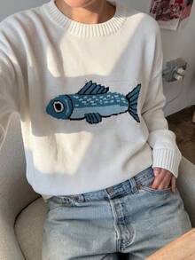 Elamini Sweater Rajut Wanita Kasual Longgar Motif Sarden, Musim Gugur/Dingin - MultiWarna - View 4