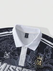 ROMWE MEN Men's Floral & Letter Print Striped Button Half-Placket Polo Shirt - Black - View 3