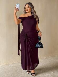 SHEIN CURVE+ Plus Size Elegant Casual Celestial Party Cocktail Formal Evening Dinner Solid Color Asymmetric Neckline Summer 2026 22W Wedding Dark Green - Purple - View 4