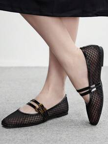 CUCCOO BIZCHIC Women's Black Mesh Mary Jane Flats, Square Toe With Double Adjustable Gold Buckle Straps Fall Shoes - Black - View 2