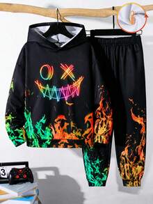 SHEIN 2件組兒童/青少年男孩黑色秋季街頭風連帽衛衣與冬季慢跑褲套裝，開學校園穿搭，舒適印花運動衫與慢跑褲 - 彩色 - 查看 3