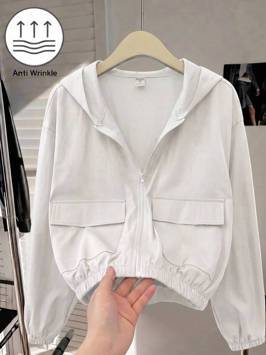 SHEIN 青少年女孩編織素色貼袋短版寬鬆休閒連帽外套 - 白色 - 查看 1