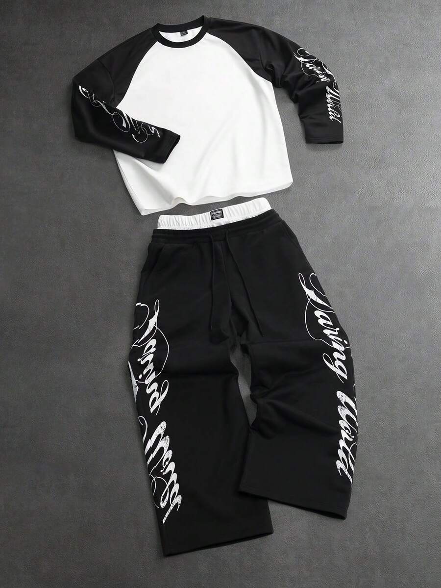PAVTROS Men's Colorblock Patchwork Letter Print T-Shirt And Pants Set - Multicolor - View 1