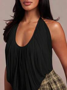 Hauture Women's Sexy Casual Cowl Neck Ruched Chiffon Backless Top - Black - View 4