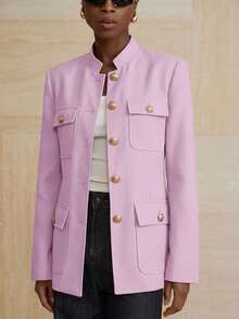Aveloria Modichic Small Stand Collar Tweed Single-Breasted Metal Button Decor Belted Utility Style Jacket - Pink - View 3