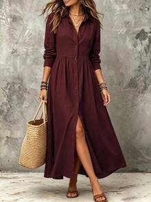 Linhara CURVE Plus Size Woven Elegant Summer Long Dress Fall - Red - View 3