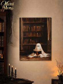 Muroi Mono 1pc Dark Academia Canvas Wall Art, Retro Painting Of Cute White Ghost Reading Book In Old Library, Gothic Spooky Art Print Poster, Home Aesthetic Wall Hanging Decor For Living Room Bedroom Halloween Decor - multicolor - View 9