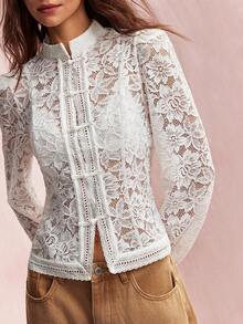 Willow Rêve Women's White Floral Lace Long Sleeve Top With Mandarin Collar And Frog Button Closure, Elegant Casual Romantic Blouse For Wedding Dinner Party Garden - White - View 6