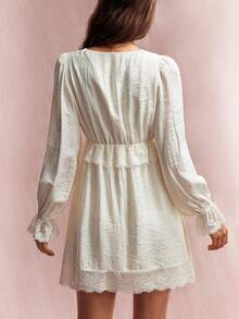 Willow Rêve Women's Cream White Embroidered Trim Deep V-Neck Drawstring Waist Puff Long Sleeve Chiffon Mini Dress Vacation Autumn Cottagecore Romantic - Cream - View 2