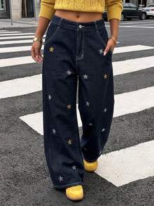 Livesso High Waist Star Embroidered Loose Wide Leg Street Style Dark Blue Women's Jeans Fall - Dark Wash - View 5