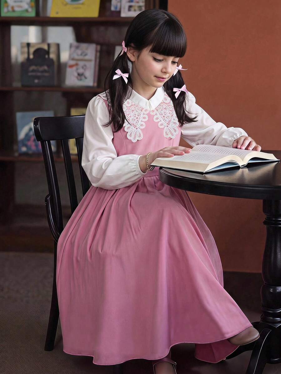 Girls' Spring/Autumn Back To School, Fall Dresses, Design Contrast Color Patchwork Ruffle Hem, Rose Red 3D Bow, Fall Clothes School Clothes - Multicolor - View 1