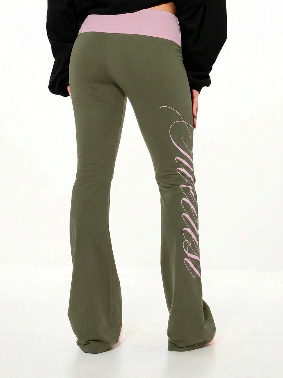 SUMWON WOMEN Flared Fold-Over Waistband Flare Pants With Cursive Script Graphic Detail, Y2K Style, Low Rise