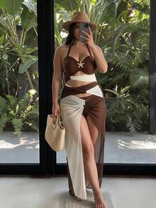Swim Oasis 26SS Spring/Summer Vacation Cutout Three-Section Starfish Contrast Color Brown & Beige Sexy Matching Skirt One-Piece Two Pieces Set - Multicolor - View 1