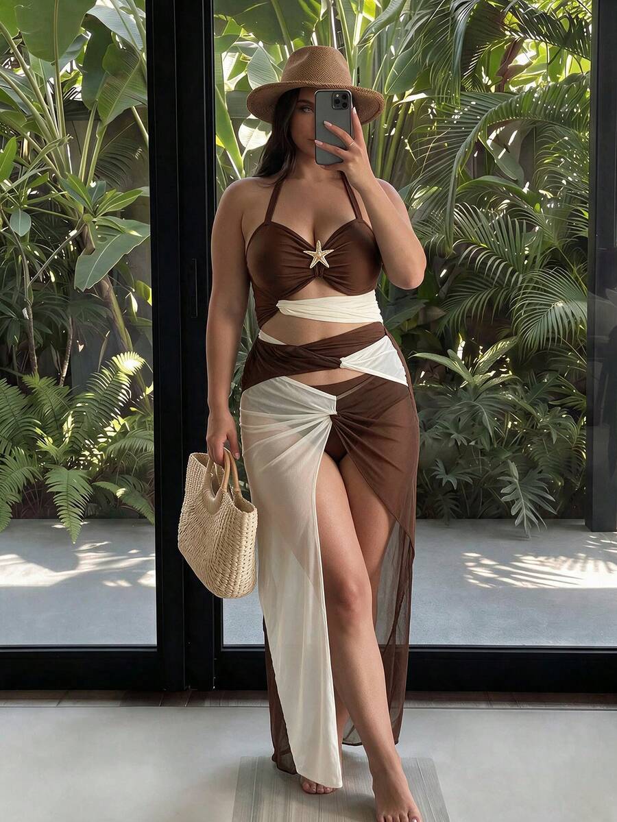 Swim Oasis 26SS Spring/Summer Vacation Cutout Three-Section Starfish Contrast Color Brown & Beige Sexy Matching Skirt One-Piece Two Pieces Set - Multicolor - View 1