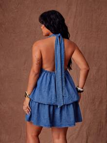 Slaydiva Gaun Denim Tanpa Punggung Model Halter Neck Ukuran Plus Kasual Seksi untuk Liburan, Kencan Malam Formal, Biru Musim Gugur - Coklat - View 2