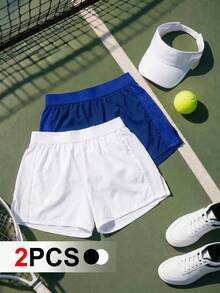 SHEIN Cheerettes 女款 2 件組純色高腰運動短褲－白色 藍色 休閒健身 - 彩色 - 查看 1