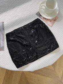 Kids Tween Girls Black Sequin Bead Skirt For Holiday Party Stage Concert - Black - View 2