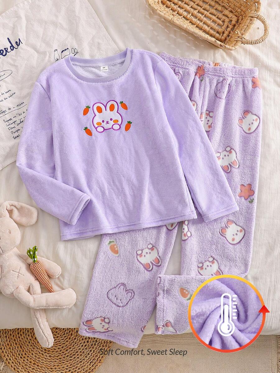 SHEIN 幼女 2件組加厚絨毛睡衣套裝,紫色兔子刺繡長袖上衣與卡通印花長褲,保暖秋冬睡衣 - 淡紫色 - 查看 1