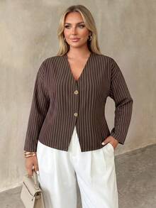 Auralis Brown Button-Down Long Sleeve Metal Button Decor Plus Size Fall Shirt/All-Season Striped Vintage Casual Smart Top Elegant Office Working Blouse Women - Brown - View 8