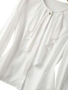 Velvienne Plus Size Women Elegant Long Sleeve Button-Up Blouse With Ruffle Hem Fall - White - View 5