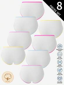 SHEIN 青少年女孩純色黑白灰藍簡約棉質舒適柔軟8入三角內褲 - 白色 - 查看 2