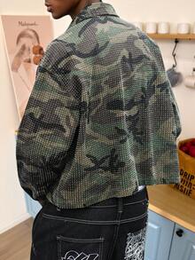 STEELVANCE 男士街頭風休閒鉤編迷彩牛仔襯衫 - 軍綠色 - 查看 3