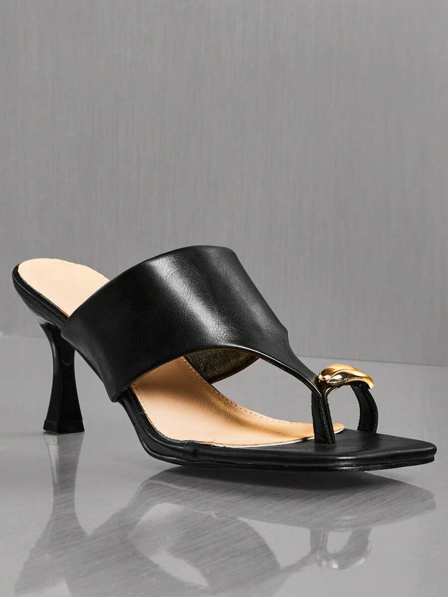 SHUZIA Women's Toe Ring Thick Band Thong Heeled Sandals - Black - View 1