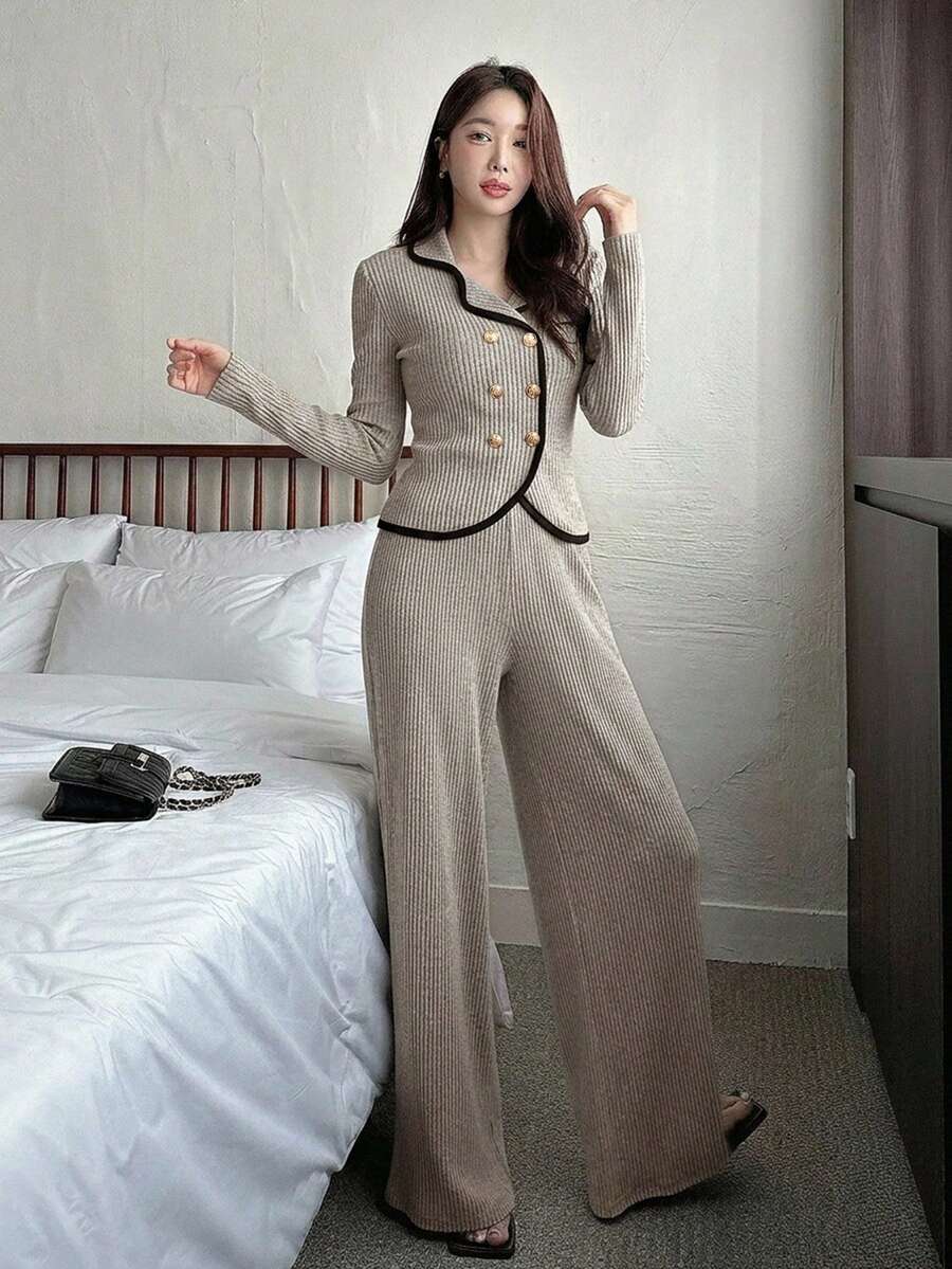 DAZY 秋季女款兩件套，翻領長袖收腰設計，拼色黑色滾邊，卡其色，優雅通勤風 - 卡其色 - 查看 1
