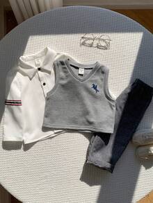 3pcs/Set Baby Boy Autumn/Winter Preppy Casual Vest Shirt Pants Set, 3 Pieces Outfit, Infant Outfit, Jacket Set, Shirt Set - Multicolor - View 6