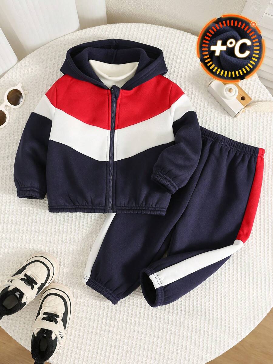 SHEIN 2pcs Baby Boy Colorblock Knit Soft Crew Neck Long Sleeve Sweatshirt Jacket And Elastic Waist Long Pants Fall/Winter Clothes Back To School Clothes - Multicolor - View 1