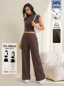 SHEIN Tall Women's Solid Color Stand Collar Cap Sleeve Top And Pants Casual 2 Pieces Set - Brown - View 4