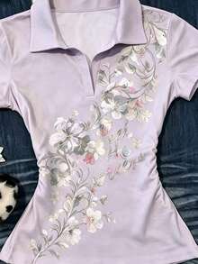 IslaSuriya 女款 POLO 領修身 T 恤，休閒浪漫可愛極簡優雅風短袖夏季上衣，花卉圖案早午餐薰衣草色 - 彩色 - 查看 3