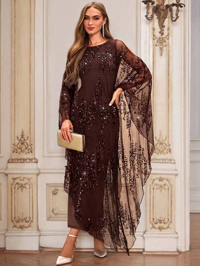 Amorya Women's Elegant Mesh Sequin Cinched Waist Long Dress For Party