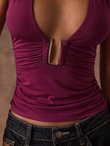 SHEIN BAE Women's Burgundy Summer Tank Top,Metal Button Backless Club Night Party Top,Seksi Sexy Chic Fashionable Solid Color Night Out Tops - Red Violet - View 4