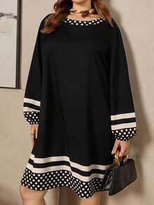 Comfylo Gaun Longgar Lengan Panjang Sedang Motif Hitam Ukuran Plus untuk Kantor, Formal, Malam Hari, Musim Gugur, Elegan - Hitam - View 5
