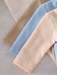 3pcs Newborn Textured Fabric Footed Rompers, Solid Color Zipper Long Sleeve Bodysuits, Minimalist Solid Color Baby Crawl Suits, Round Neck Long Sleeve, Suitable For Home And Outings - Multicolor - View 3
