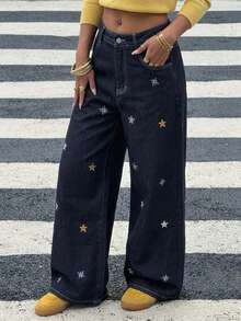 Livesso High Waist Star Embroidered Loose Wide Leg Street Style Dark Blue Women's Jeans Fall - Dark Wash - View 6