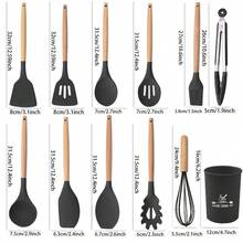 Haus Hana Silicone Cookware Set, 12 Large Heat-Resistant Kitchen Utensils, Turner Pliers, Spatula, Spoon, Wooden Handle Kitchen Small Tool, With Anti Stick Cookware Holder - Dark Grey - View 17