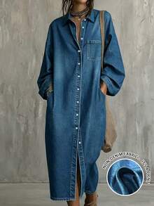 Glimmora Gaun Liburan Wanita Efek Denim dengan Saku Kancing Tunggal - Biru - View 1