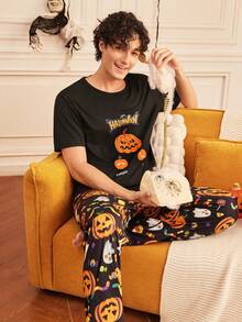 Provexi Provexi Halloween Pumpkin Print Short Sleeve Loungewear Top - Black - View 1