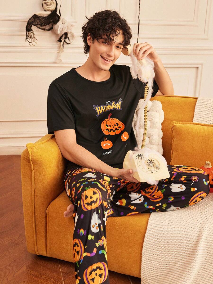 Provexi Provexi Halloween Pumpkin Print Short Sleeve Loungewear Top - Black - View 1