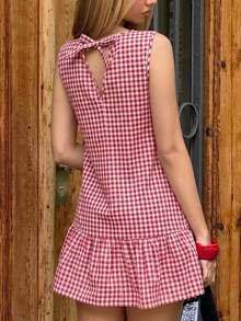 MainGRL Red And White Plaid Gingham Cotton Mini Dress, Cute Cottage Core 70s Sleeveless Ruffle Hem Back Tie Cutout Summer Back-To-School Oktoberfest - Red and White - View 2