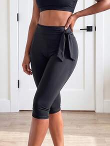 SHEIN Core Rhythm Plus Size Women's One-Piece Solid Color Sports Leggings With Drawstring Waistband & Long Pants - Black - View 3