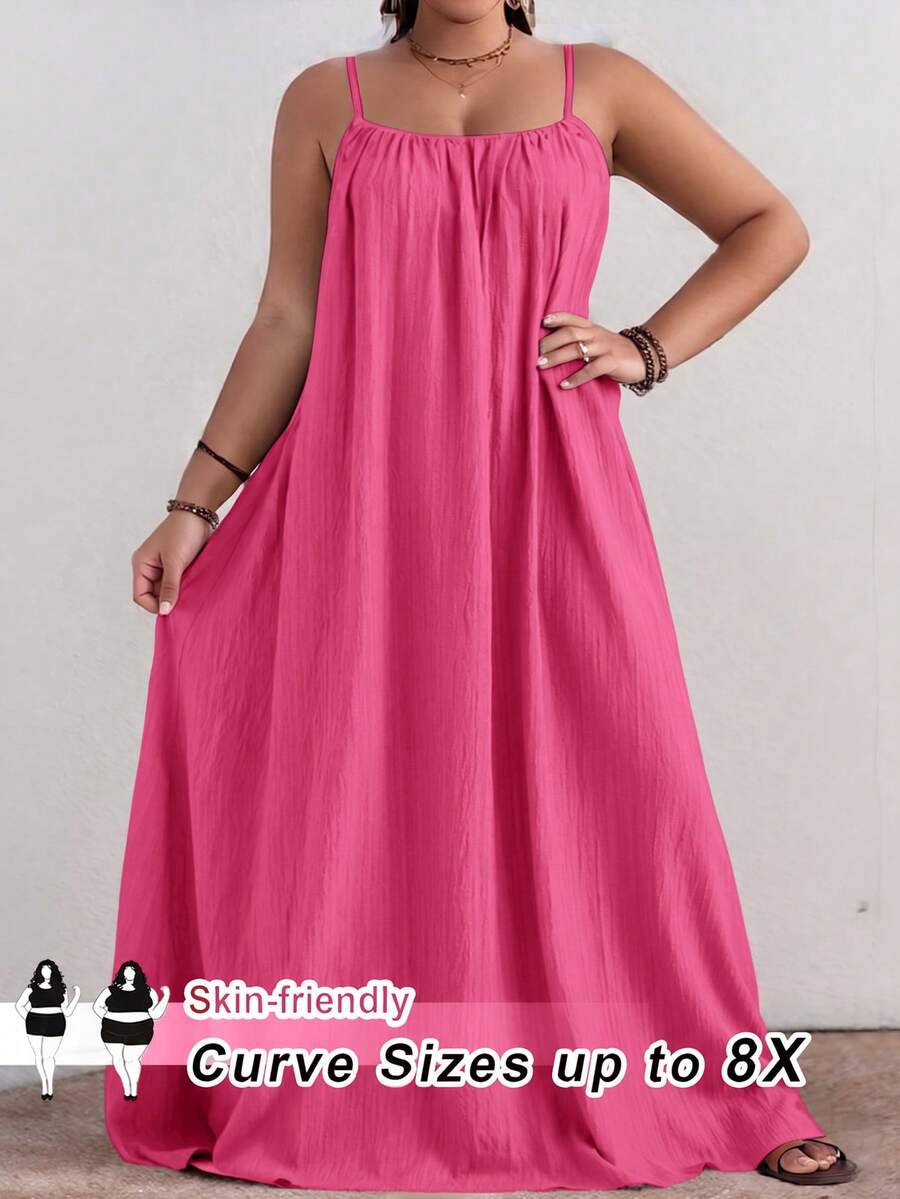 SHEIN CURVE+ Curve 大尺碼秋冬純色百褶細節休閒細肩帶洋裝，適合生日派對、畢業典禮、學生穿著、休閒日常、度假 - 玫紅色 - 查看 1